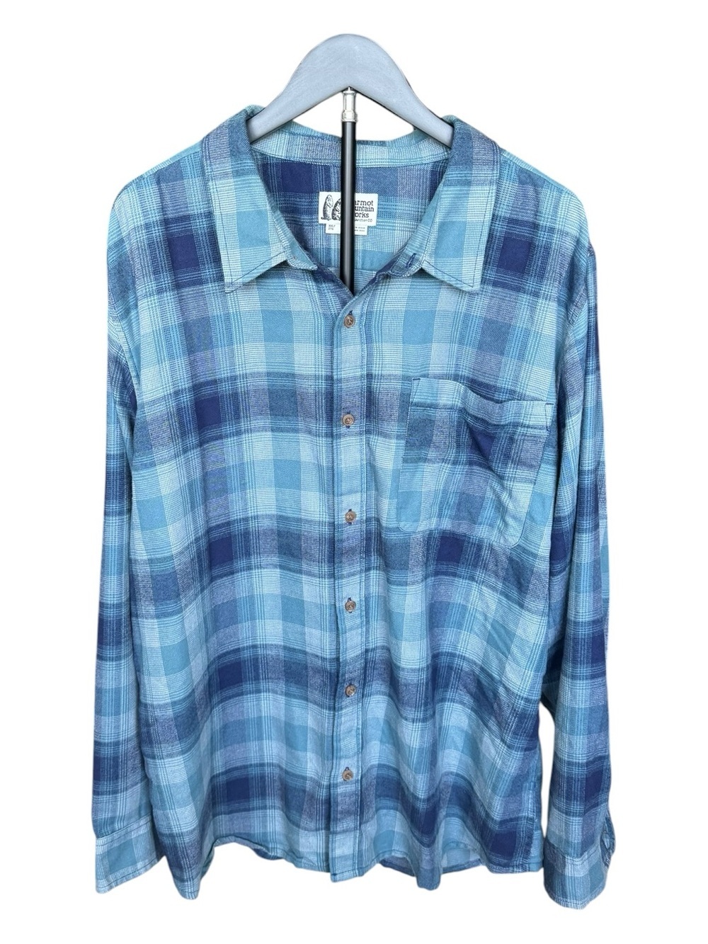 Marmot Mountain Works Blue Plaid Flannel Shirt XXL Coastal Grandfather Outdoors